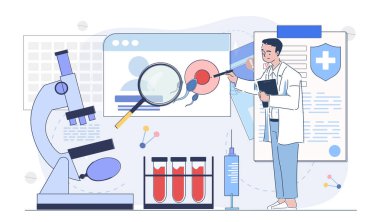 Erkek doktor, döllenme sürecini mikroskop, test tüpleri ve sperm örnekleriyle beyaz arka planda düz grafik şeklinde analiz ediyor. Doğurganlık kavramı. Vektör illüstrasyonu