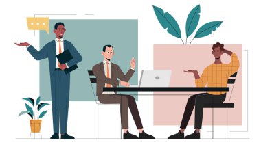 Bir iş yerinde üç ofis çalışanı, modern düz grafik tarzı, soyut renkli arka plan, takım çalışması ve iletişim konsepti. Vektör illüstrasyonu