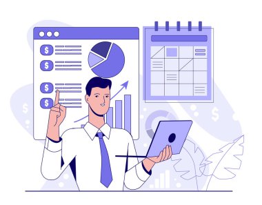 Elinde dizüstü bilgisayar olan bir iş adamı, beyaz bir zemin üzerinde, finansal veri tablolarına ve bir takvim düz grafik tarzına işaret ediyor. Finansal planlama kavramı. Vektör illüstrasyonu