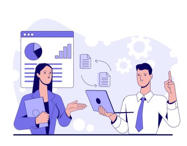 Dijital cihazlar, düz grafik tarzı, soyut çizelge ve açık arkaplanda vites simgeleri kullanarak veri alışverişinde bulunan iki ofis çalışanı. Takım çalışması kavramı. Vektör illüstrasyonu