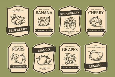 Vintage Fruit Label Set. Organik tarım ürünleri, muz, çilek ve mango içeren eskiz tarzı amblemler. Antika ambalaj tasarımları. El çizimi vektör illüstrasyon koleksiyonu arkaplanda izole