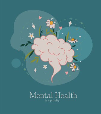 Üzerinde çiçekler ve yapraklar olan bir beyin tasviri soyut şekiller ve ışıltılarla mavi bir arka planda ruh sağlığını sembolize ediyor. Kişisel bakım kavramı. Vektör illüstrasyonu