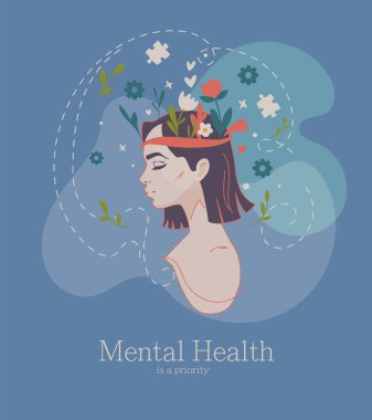 Kafasından çiçekler ve ikonlar çıkan düşünceli bir kadın, düz grafik tarzı, mavi soyut arkaplan. Akıl sağlığı ve kendine bakım kavramı. Vektör illüstrasyonu