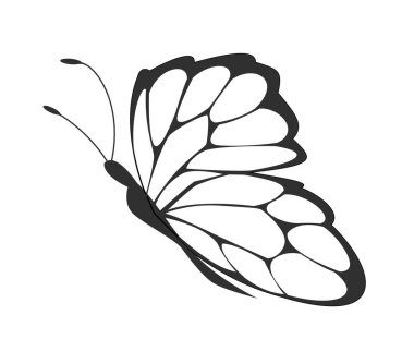 Beyaz arka planda minimalist grafik tarzında açık kanatlı siyah beyaz kelebek. Zarafet, doğa ve dönüşüm kavramı. Vektör illüstrasyonu