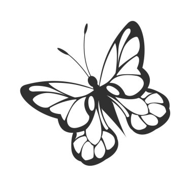 Ayrıntılı kanatları ve antenleri olan zarif siyah kelebek silueti, beyaz arka planda en az grafik şekli temiz. Doğa ve güzellik kavramı. Vektör illüstrasyonu