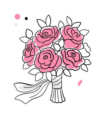 Bir buket pembe gül, yeşil yapraklı, kurdeleli, beyaz arka planda siyah çizili. Aşk, romantizm ve kutlama kavramı. Vektör illüstrasyonu