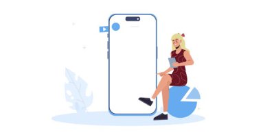 İş Yönetimi. Sosyal ağlarda promosyon için pazarlama stratejisi geliştiren kadın danışman ile afiş taşımak. Dijital Pazarlama ve Seyirci Çekimi. Düz grafik çizgi film