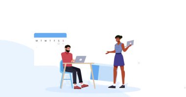 İş Yönetimi. Erkek ve kadın girişimcilerin görev ve program planladığı ve iş akışını düzenlediği afişler. Veri ve istatistik analizi. Düz grafik çizgi film