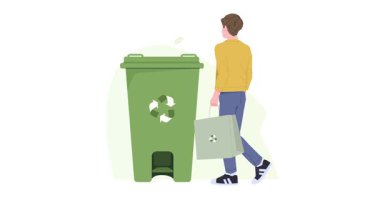 Çevre dostu yaşam tarzı. Geri dönüşüm ya da yeniden kullanım için bir çanta dolusu elbiseyi özel bir çöp kutusuna taşıyan bir adamın afişi. Sıfır kayıp. Doğayı ve çevreyi kirlilikten korumak. Düz grafik çizgi film