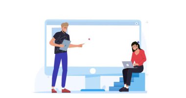 Proje uygulaması. Ofis çalışanları ve ortaklarıyla birlikte yeni bir işe başlamak için veri, grafik ve grafikleri analiz eden afişlerin taşınması. Düz grafik çizgi film