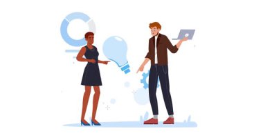 Proje uygulaması. Girişimciler ve iş ortaklarıyla afiş taşımak, girişimi ya da yeni işi başarıyla başlatmak için yaratıcı bir fikir üretiyor. Düz grafik çizgi film