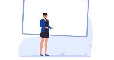 İş hizmeti. İş konferansında büyük veriler hakkında konuşan kadın girişimci afişi. Şirket büyümesi için istatistik, grafik ve grafiklerin analizi. Düz grafik çizgi film