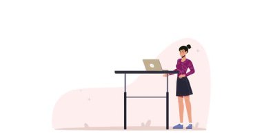 İş hizmeti. İş ortağı ya da iş ortağıyla çevrimiçi toplantı ya da video konferans sırasında uzaktan iletişim kuran kadın girişimciyle afiş taşımak. Düz grafik çizgi film