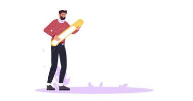 Yaratıcı çalışma. Erkek web tasarımcısının kalem tuttuğu ve web sitesi için kullanıcı arayüzü geliştirdiği afiş. Grafik tasarımcısı UX ve UI üzerinde çalışıyor. Düz grafik çizgi film