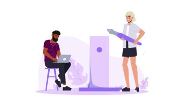 Yaratıcı çalışma. Grafik tasarımcılarıyla birlikte hareket eden afiş yaratıcı bir fikir, uygulama veya web sitesi geliştirme ve proje başlatma ile ortaya çıkıyor. Web tasarımı, UX ve UI. Düz grafik çizgi film