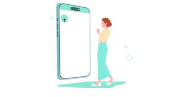 İlaç ve sağlık hizmetleri. Hasta akıllı telefonun önünde dururken afiş taşımak, online danışmanlık için doktor seçmek. Teletıp ve uzaktan terapist. Düz grafik çizgi film