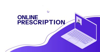 Teletıp kavramı. Uzaktan kumandalı doktor, terapist, ilaç ve vitamin içeren afişler. Hastalıkların tedavisi ve önlenmesi. Isometric 3D grafik çizgi film