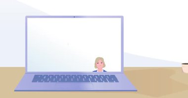 Online eğitim sahnesi. Öğrenciyle masaya oturmuş afiş asmak, uzaktan ders dinlemek, Webinar, tabii ki. Öğrenmek ve bilgi için çalışmak. Düz grafik çizgi film