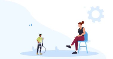 İş etkinliği. Piyasayı analiz eden ve pazarlama araştırması yapan kadın ve erkek girişimci pankartı. Büyüme ve gelişim istatistikleri araştırılıyor. Düz grafik çizgi film