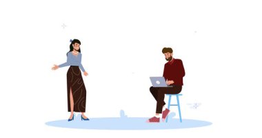 İş etkinliği. Erkek ve kadın girişimci iş planlama işleri ve şirketin stratejik büyüme ve kalkınma süresinin yönetildiği afişlerin taşınması. Düz grafik çizgi film