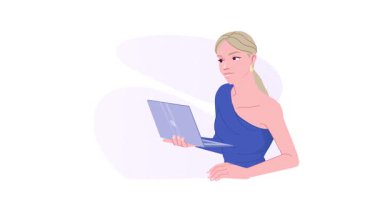 İşletme. Kadın girişimci ya da tüccar ile pankart taşıyarak para yatırıyor, grafikleri ve grafikleri analiz ederek finans ve gelir artışı sağlıyor. Düz grafik çizgi film