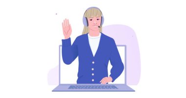 Müşteri destek servisi. Kadın yardım hattı operatörüyle pankart taşımak ya da kullanıcı sorularını cevaplayan ve müşteri sorunlarını çevrimiçi çözmeye yardım etmek. Düz grafik çizgi film