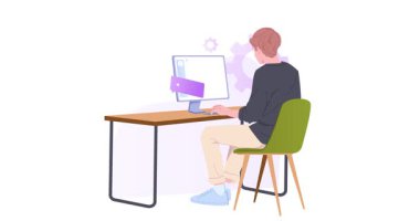 Müşteri destek servisi. Erkek yardım merkezinin çalışanlarından geri bildirim, eleştiri ve müşteri ve kullanıcılardan reyting alan hareketli afiş. Hizmet kalitesinde iyileştirme. Düz grafik çizgi film