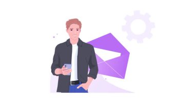 Müşteri destek servisi. Acil yardım hattı operatörüyle konuşan bir adamla afişi taşımak ve sorunu çözmek ve sorulara cevap almak için merkeze yardım isteği göndermek. Düz grafik çizgi film