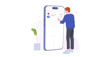 Müşteri destek servisi. Erkek müşteriyle ya da alıcıyla afiş taşıyarak akıllı telefon ekranında dijital danışman ile iletişim kurmak. Sorunları çözmek için çevrimiçi asistan. Düz grafik çizgi film