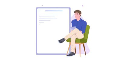 Müşteri destek servisi. Kullanıcı ve müşteri sorununu çözmek için erkek yardım merkezli el kitabı ya da kılavuzu taşıyan afiş. Sık sık sorulan sorulara cevaplar. Düz grafik çizgi film