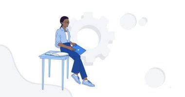 İşletme. Sorunları çözmek ve başarıya ulaşmak için kadın girişimci ile finans danışmanı ve dijital iş yardımcısıyla iletişim kuran afiş. Düz grafik çizgi film