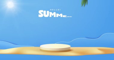 Podyumlu 3D Summer Beach Sahnesi. Şemsiyeli, sörf tahtalı, tropikal elementli ve ürün sunumu ve ödülleri için kaidesi olan mavi bir reklam afişi. Gerçekçi canlandırılmış grafikler