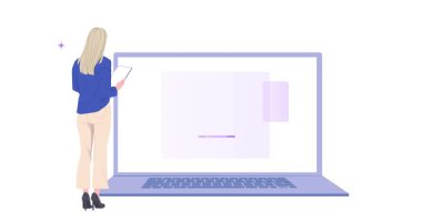 Uzaktan mali yönetim. Online bankacılık uygulaması kullanarak kişisel bütçesini analiz eden bir kadınla afiş taşıyordu. Maaş makbuzları, fatura ödemeleri, para transferleri için servis. Düz grafik çizgi film