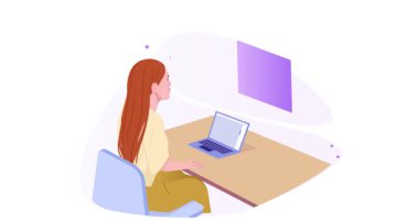 Uzaktan kumanda. Müşteri ile iletişim kuran ve online video konferansı ya da toplantı sırasında projeyi tartışan serbest çalışan bir kadın ile afiş taşımak. Merkez büroda çalışan bir işçi. Düz grafik çizgi film