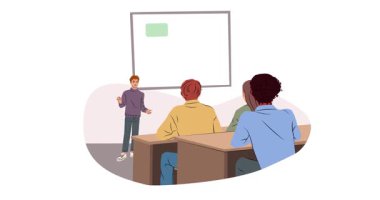 Öğrenci hayatı sahnesi. Bir grup üniversite öğrencisinin yaratıcı bir fikirle ve izleyicilere proje sunarak afişi taşıması. Eğitim, öğrenme ve öğrenim. Düz grafik çizgi film