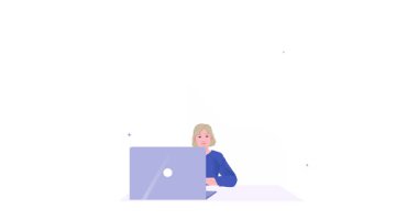 Web geliştirme süreci. Müşteri sesli mesajlarını dinleyen ve iş planlama görevlerini planlayan kadın programcıyla afiş taşımak. Web tasarımcısı web sitesi için kullanıcı arayüzü oluşturuyor. Düz grafik çizgi film