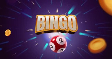 Bingo galibi. Piyango topları, uçan altın sikkeler ve metin ile hareket eden afiş. Kumarhanede büyük ikramiye, loto ya da kumar. Kumarhanede kazanmak, şans ve zafer. Gerçekçi 3D grafik çizgi film