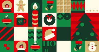 Mutlu noeller. Noel ağacı, zencefilli ekmek, kardan adam, çelenk ve mumla modern geometrik tarzda hareket eden pankart. Yeni Yıl ve Tatil Kutlamaları için Tasarım. Düz grafik çizgi film