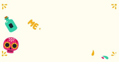 Cinco de Mayo çıkartma seti. Marakas, kafatası, sombrero ve geleneksel Meksika tortilla ile hareketli pankart. Ölü bayram kutlaması günü. Karnaval kutlaması için tasarım. Düz grafik çizgi film