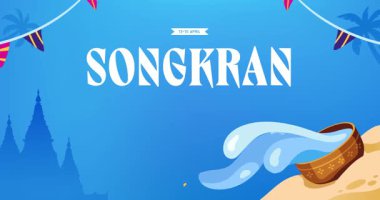 Mutlu Songkran Festivali. Serinletici su ve çiçek açan çiçeklerle hareketli bir manzara. Geleneksel Tayland bayramını kutlamak için pankart ya da tebrik kartı. Düz grafik çizgi film