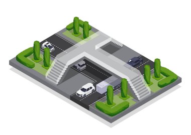 Isometric yaya geçidi köprüsü. Arabaları ve kamyonları olan bir yol. Yayalar için bir bina. Trafik yönetmeliği. Ulaşım için modern şehir altyapısı. Volumetrik vektör illüstrasyonu