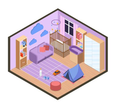 Isome 'ın bebek odası. Dairenin içi, ninnili mor oda, çadır ve oyuncaklar. Rahat ve rahat bir oyun odası. Yatak odası mobilyaları. Volumetrik vektör illüstrasyonu