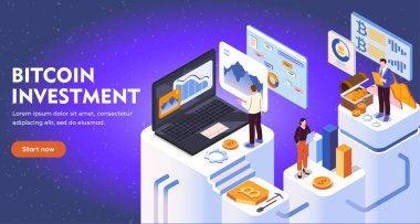 Isome Bitcoin yatırım posteri. Dizüstü bilgisayarların yanında grafikleri olan erkekler ve kadınlar. Dijital para ve kripto para birimi. Zincir teknolojileri engelliyor. İniş sayfası tasarımı. Volumetrik vektör illüstrasyonu