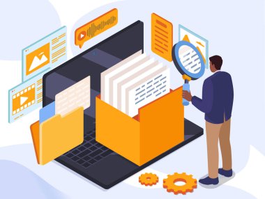Isometric dosya araması. Büyüteci olan adam dosyaları dosyada inceliyor. Elektronik arşiv ve bilgi depolama. Belgeli dijital kütüphane. Volumetrik vektör illüstrasyonu