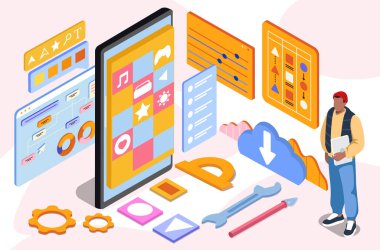 İzometrik mobil uygulama. Akıllı telefonun yanında farklı simgeleri olan bir adam. Yazılım geliştirme. Akıllı telefonlar için mobil programlar. Programcı kod yazar. Volumetrik vektör illüstrasyonu