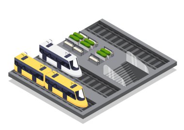 Isometric metro istasyonu. Demiryolunda sarı ve beyaz trenler. Şehir altyapısı. Ulaşım ve seyahat. Yeraltı aracı. Volumetrik vektör illüstrasyonu