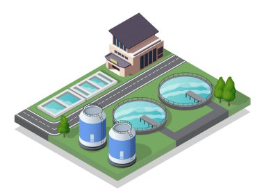 İzometrik atık su arıtma tesisi. Sarnıçlar, boru hatları ve su dolu havuzlar. Sıvı tedavisi, osmoz ve arıtma. Doğayı önemsiyorum. Volumetrik vektör illüstrasyonu
