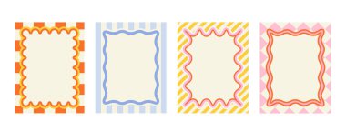 Davetiyeler ayarlandı. Dikdörtgen turuncu, mavi ve sarı ayırıcılar. Düğün ve doğum günü partisi. Kalıplar ve süsler. Düz vektör koleksiyonu beyaz arkaplanda izole edildi