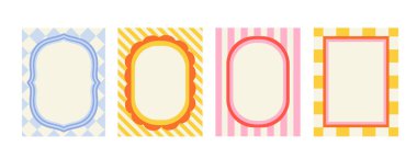 Davetiyeler ayarlandı. Oval sarı, mavi ve kırmızı ayırıcılar. Garip desenler ve süsler yığını. Estetik, moda ve tarz. Düz vektör koleksiyonu beyaz arkaplanda izole edildi