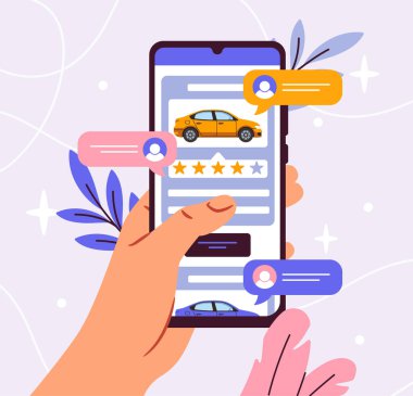 Çevrimiçi araba satışı. Araç işlemleri için akıllı telefon uygulaması. İnternetteki bayilik. Otomobil derecelendirmesi. Araba sahipleri ve satıcılar için yazılım. Düz vektör illüstrasyonu